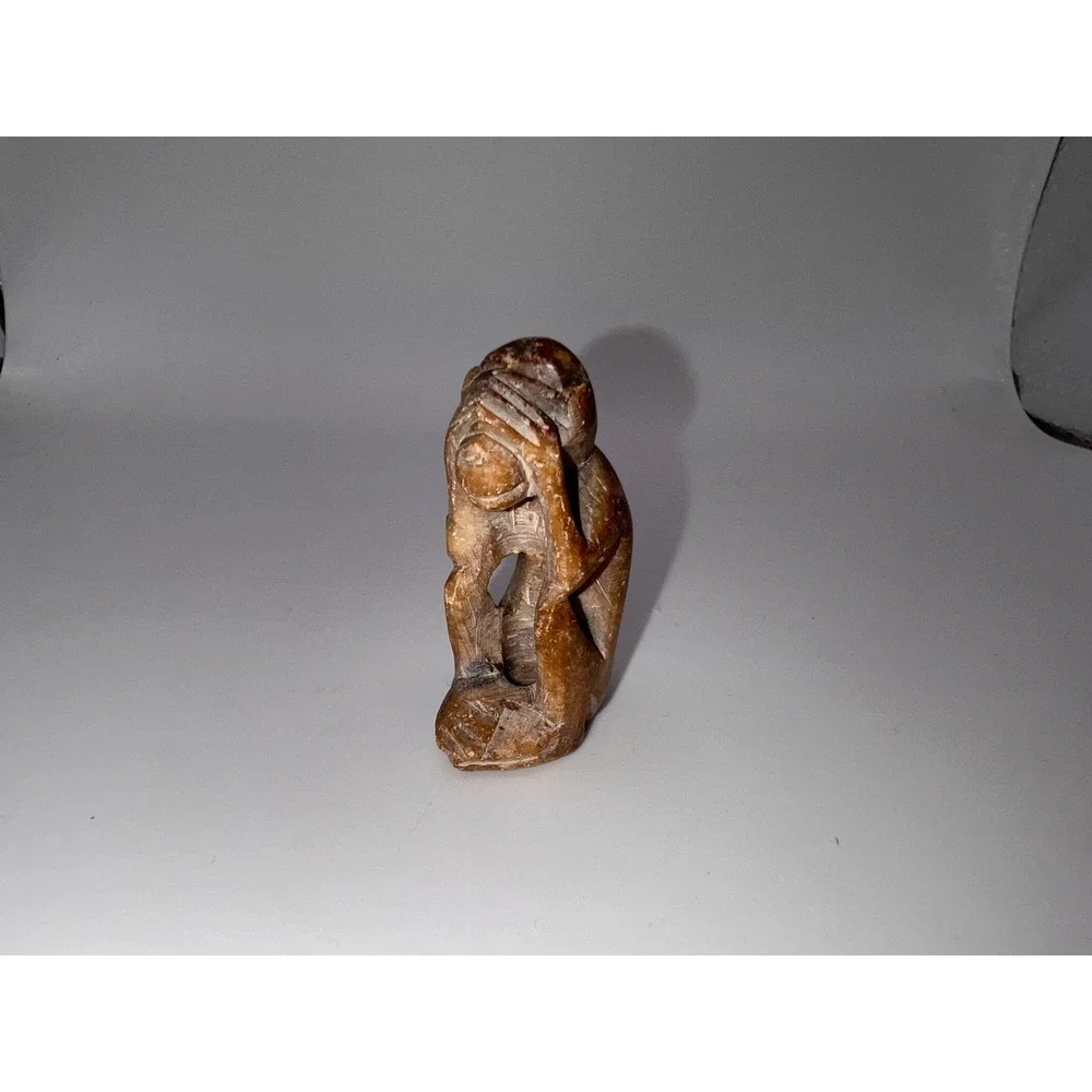 Vintage Hand Carved Soap Stone Brown Monkey See No Evil Figurine Trinket Shelf